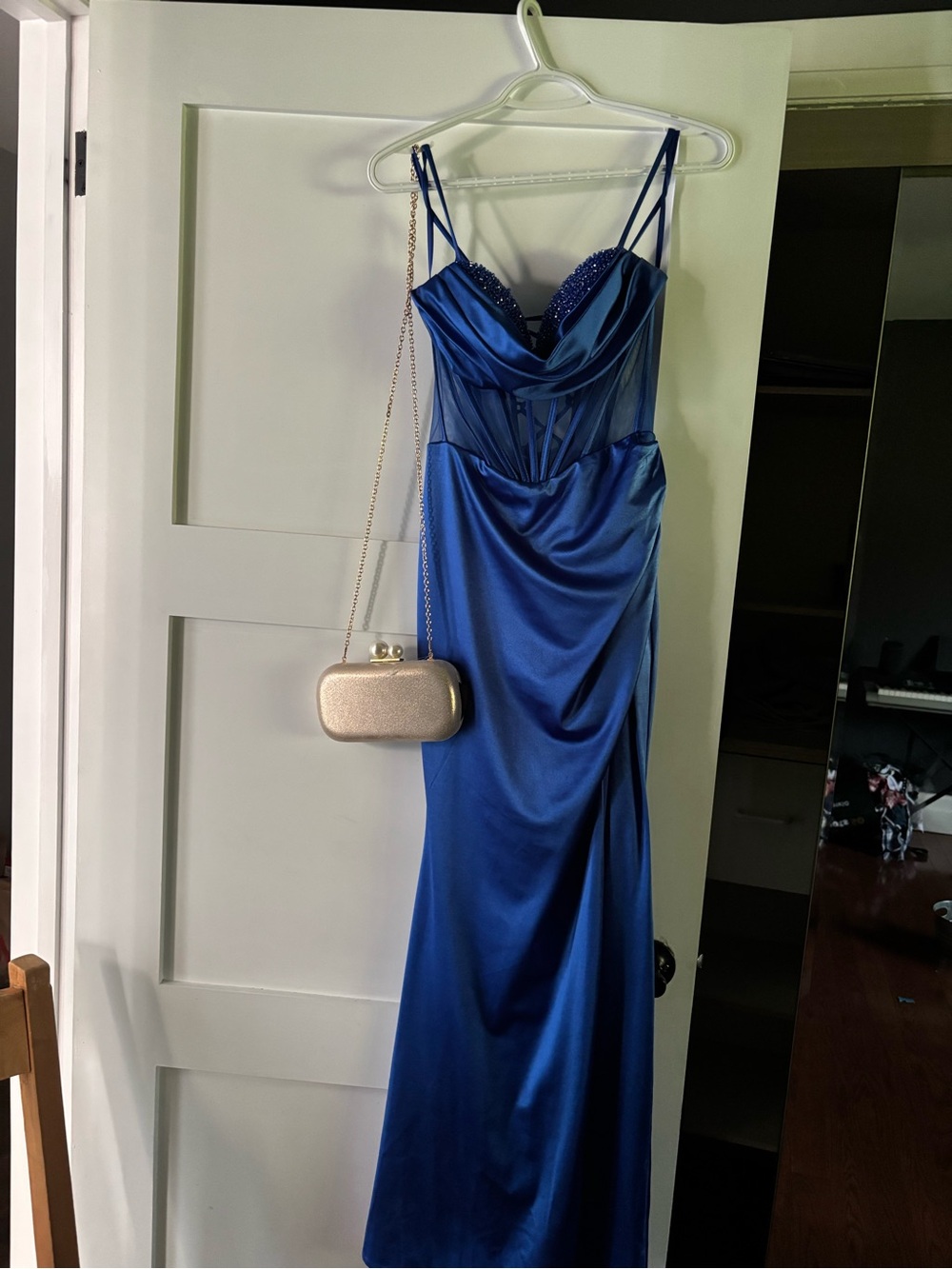 Royal Blue Satin Prom Gown with Beaded Sweetheart Bodice Ladivine size 4